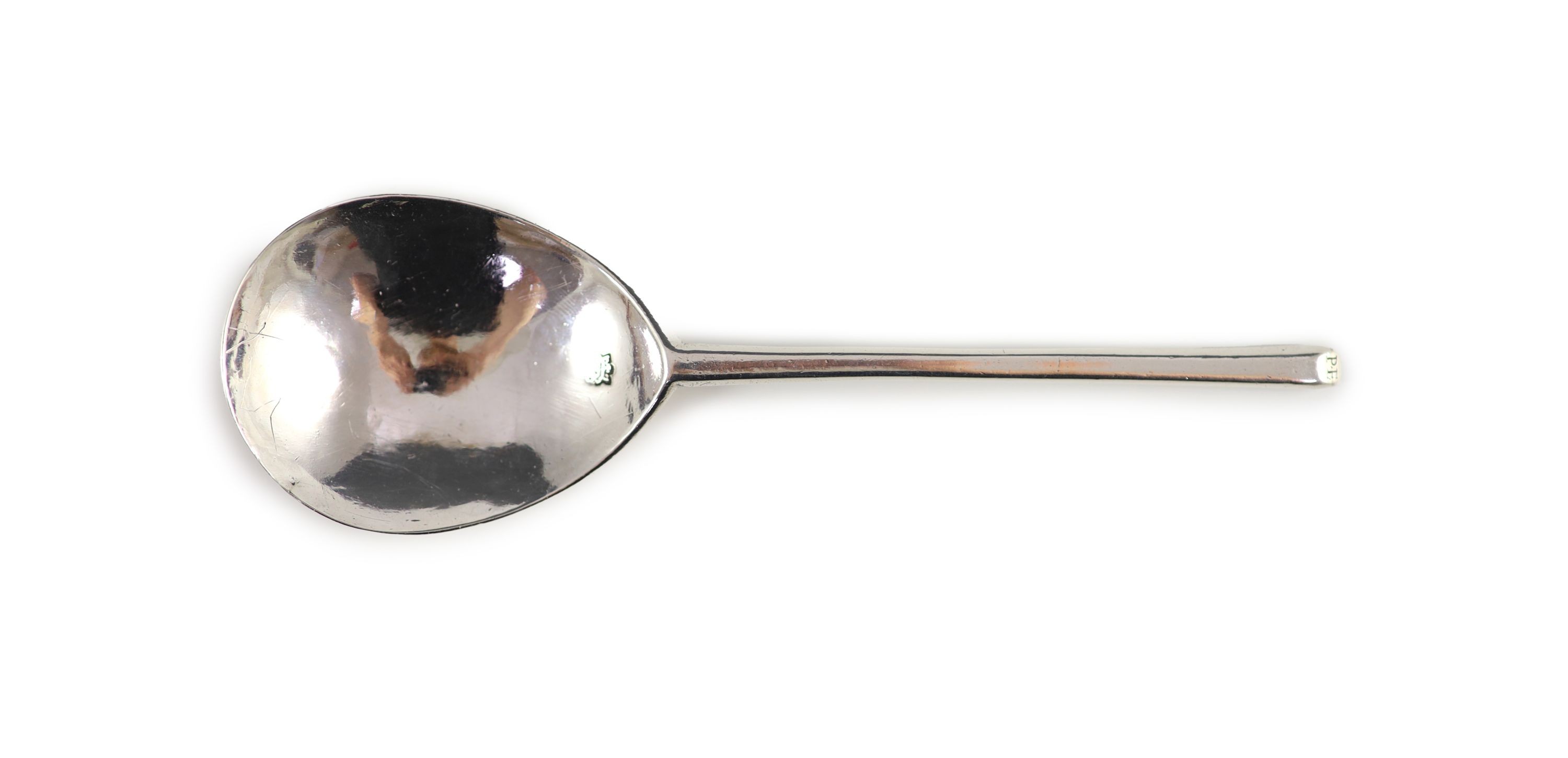 A rare James I slip top silver spoon, initialled to bowl underside, ‘A.D’, and ‘PE’ over ‘H’ to slip, London, 1606 by William Cawdell, 16cm long, 1.4 oz.